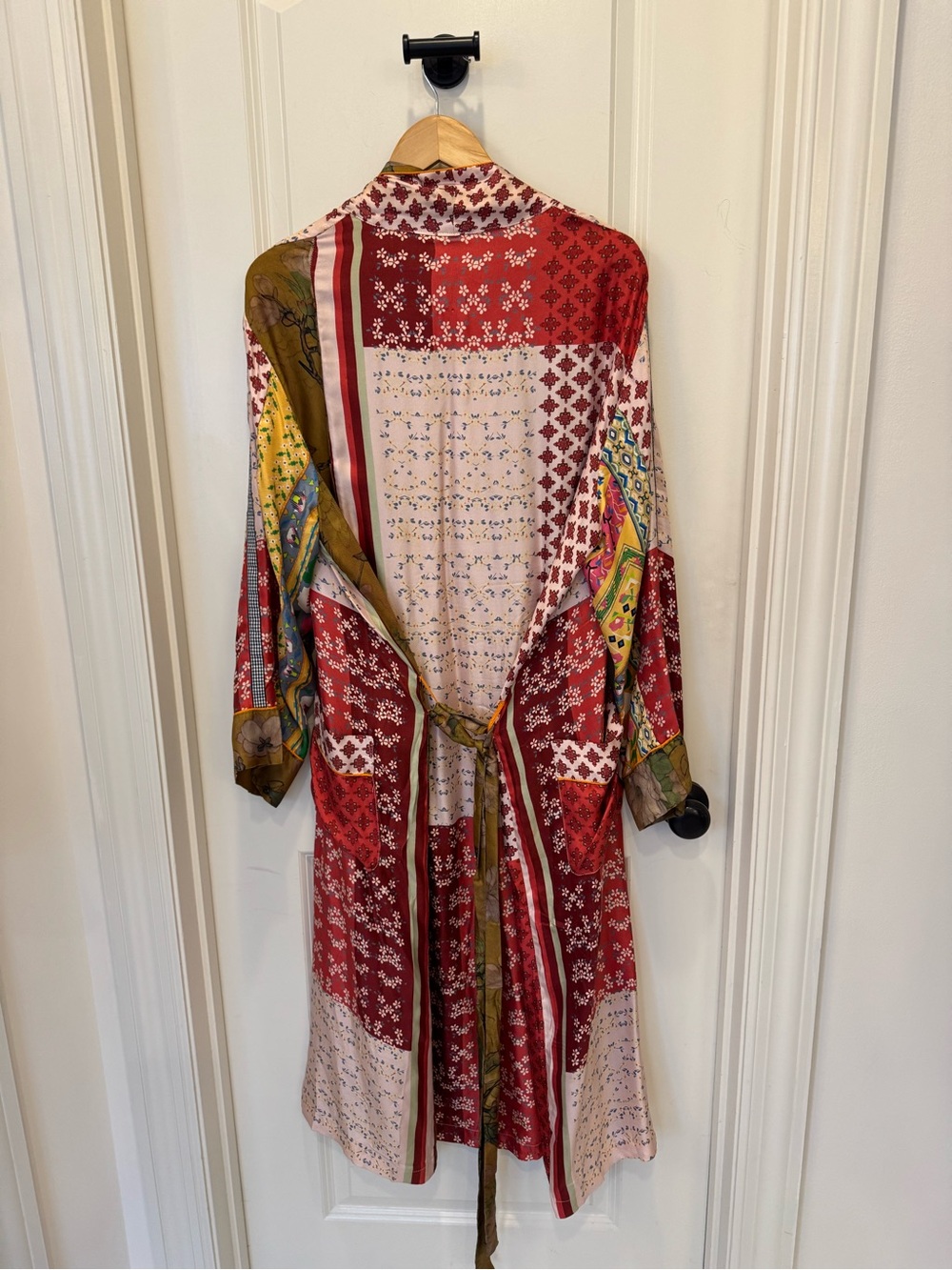 Johnny Was Red & Pink Patchwork Kimono Robe with Olive Trim - Picture 6 of 6